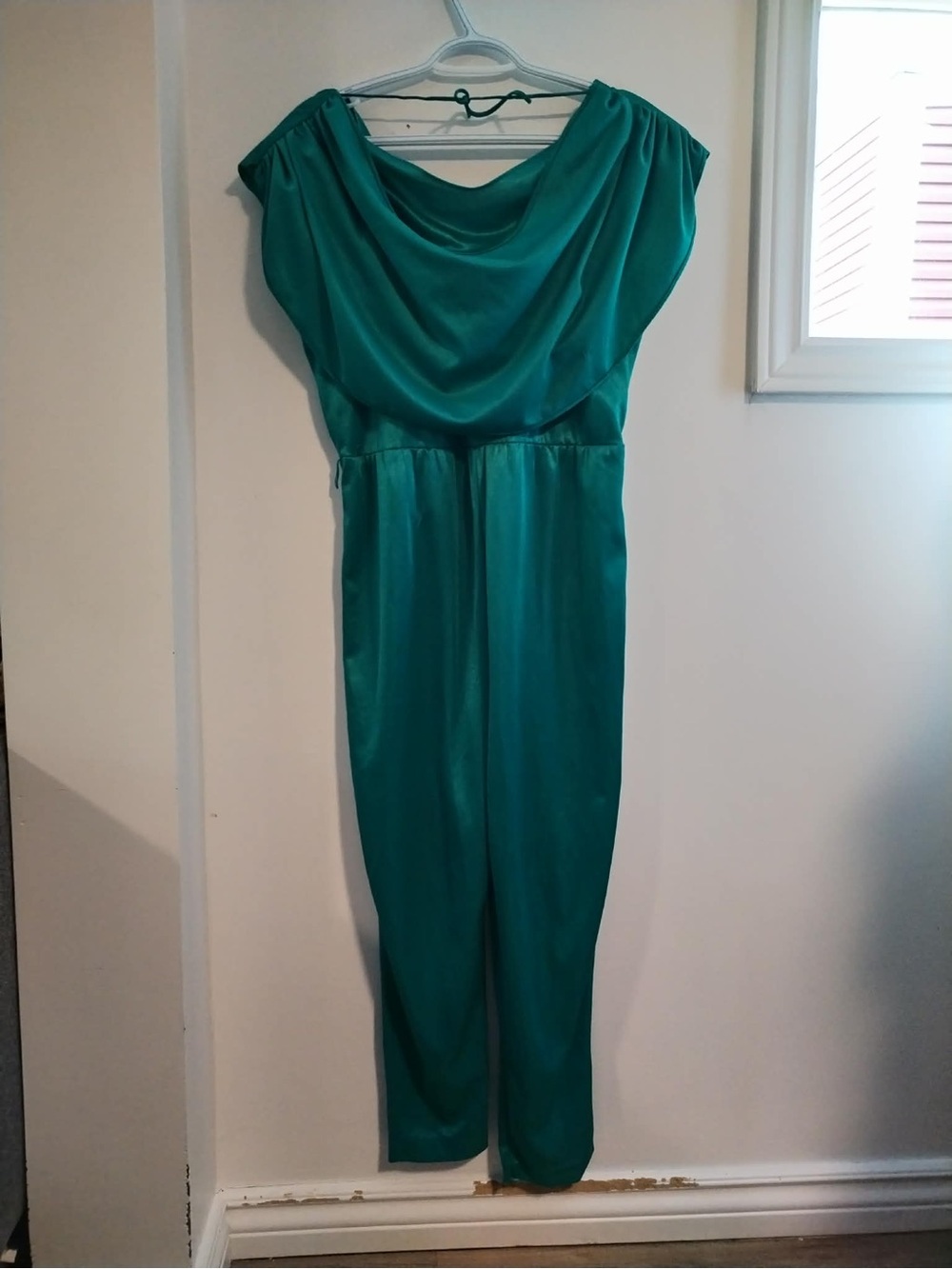 Women’s 80s Shiny Teal Draped Satin Jumpsuit - M